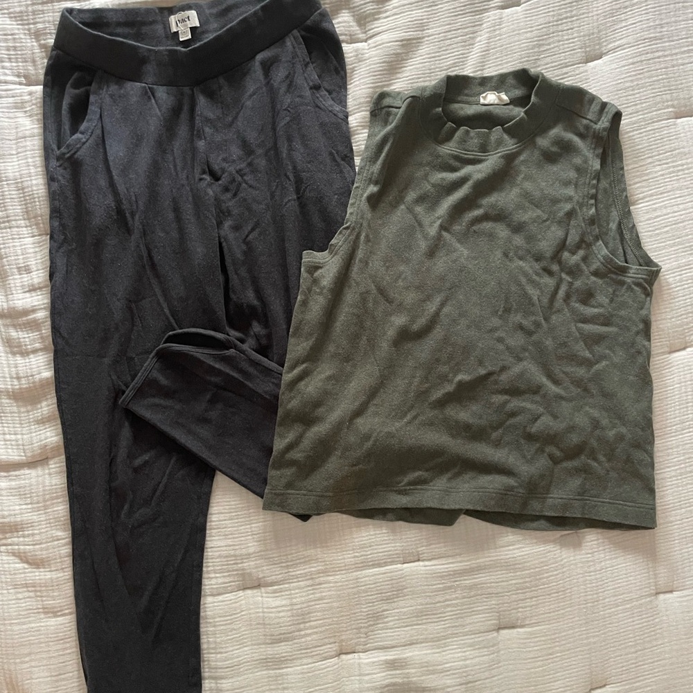 PACT Airplane set, heather Green mock shell, charcoal gray, straight fit pant